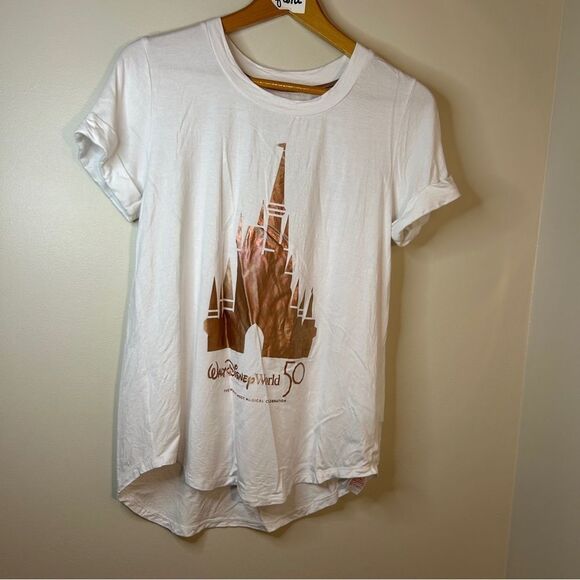 Walt Disney World 50 Years White Shirt Rose Gold Metallic Castle Women's M - Picture 6 of 7